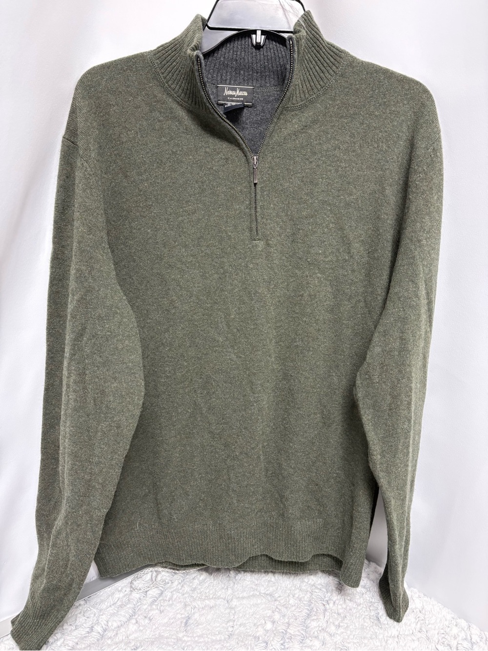 Neiman Marcus Men's Olive Zip Mock Neck Sweater